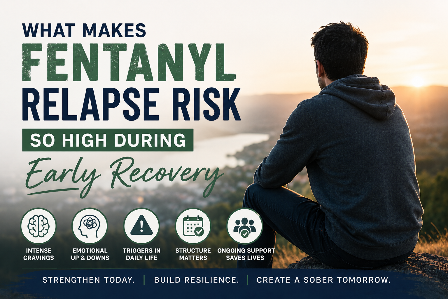 Person sitting outdoors during sunrise reflecting on recovery and healing while learning how ongoing support, structure and intensive outpatient therapy help reduce fentanyl relapse risk during early recovery.