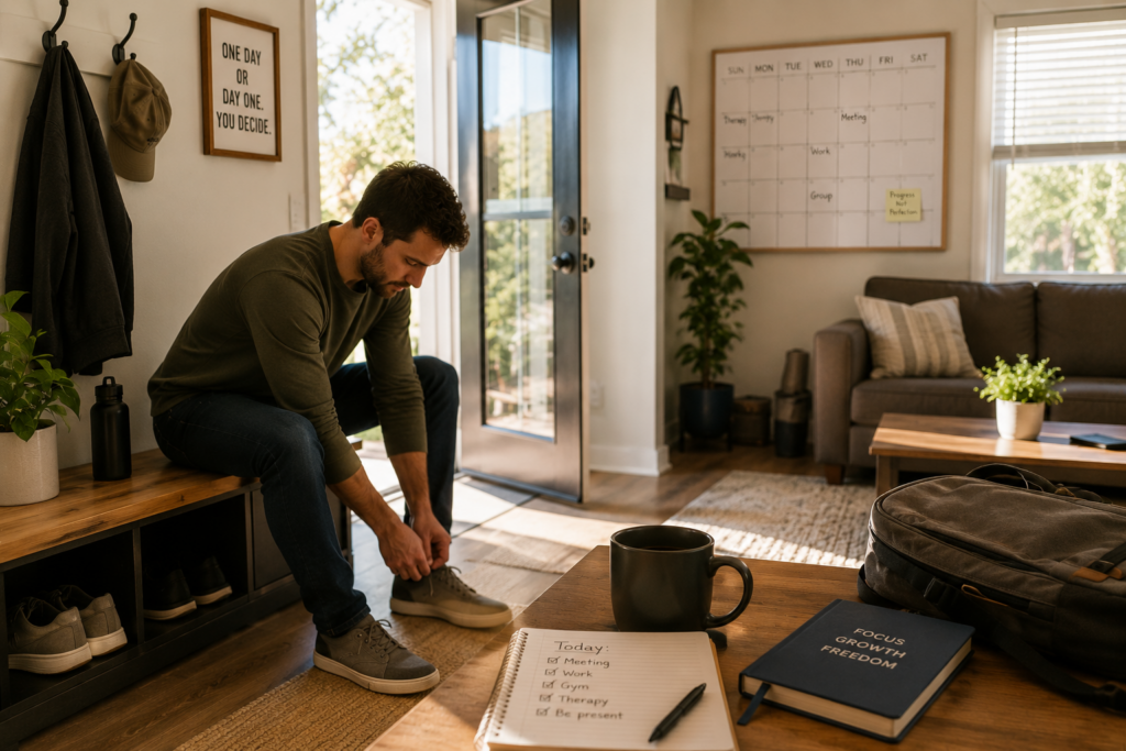 Person in early recovery tying their shoes in a sober living home while preparing for the day and rebuilding healthy routines after heroin addiction treatment.
