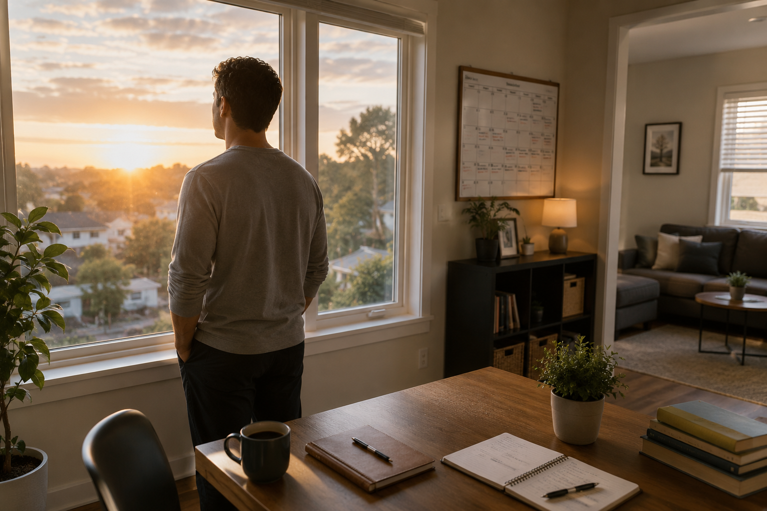 Person in sober living home reflecting at sunrise while rebuilding healthy habits, confidence and long-term recovery during early sobriety.