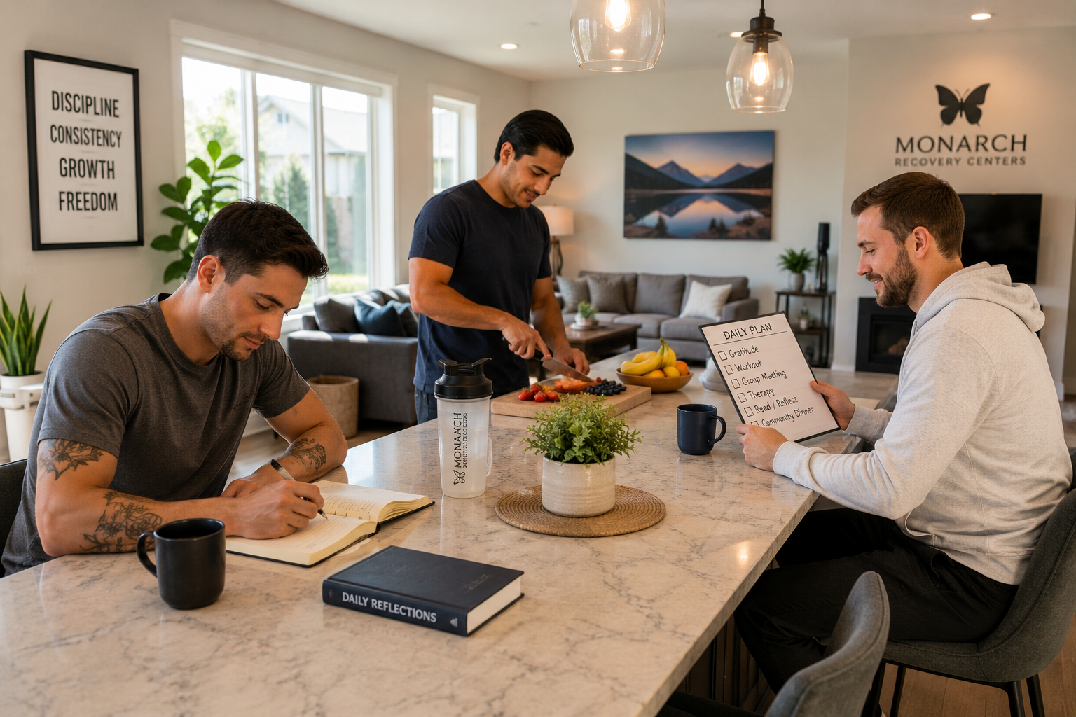 Residents in a recovery home building healthy daily habits through structure, accountability, and peer support in a modern sober living environment that promotes long-term recovery success.