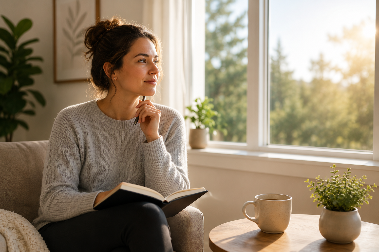 Individual participating in addiction recovery journaling and self-reflection during intensive outpatient treatment (IOP), developing awareness of emotional triggers, coping skills, and relapse prevention strategies for long-term sobriety.