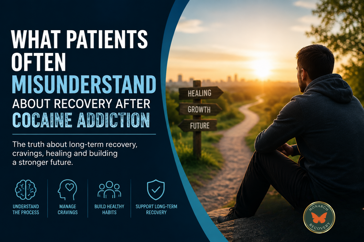 Person in recovery sitting on a hillside at sunrise looking toward a path marked with signs for healing, growth, and future, representing long-term recovery after cocaine addiction, personal growth, relapse prevention, and rebuilding a healthy life.