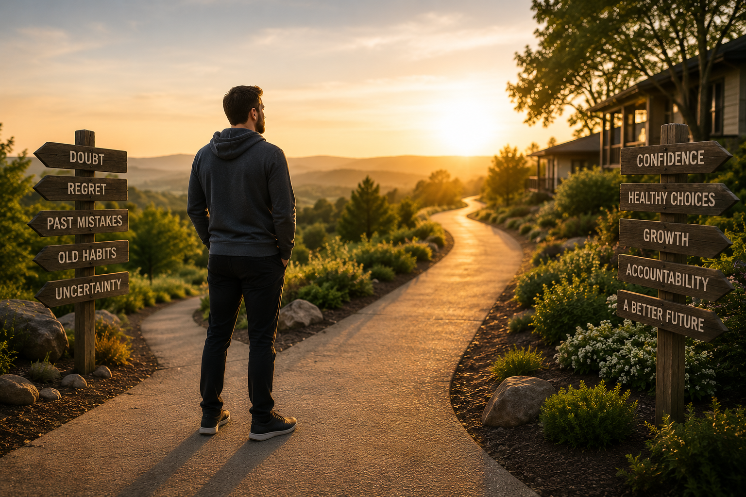 Person in recovery walking confidently along a path at sunrise, symbolizing rebuilding self-trust, healthy decision-making, personal growth, and long-term recovery in a supportive sober living environment and recovery homes