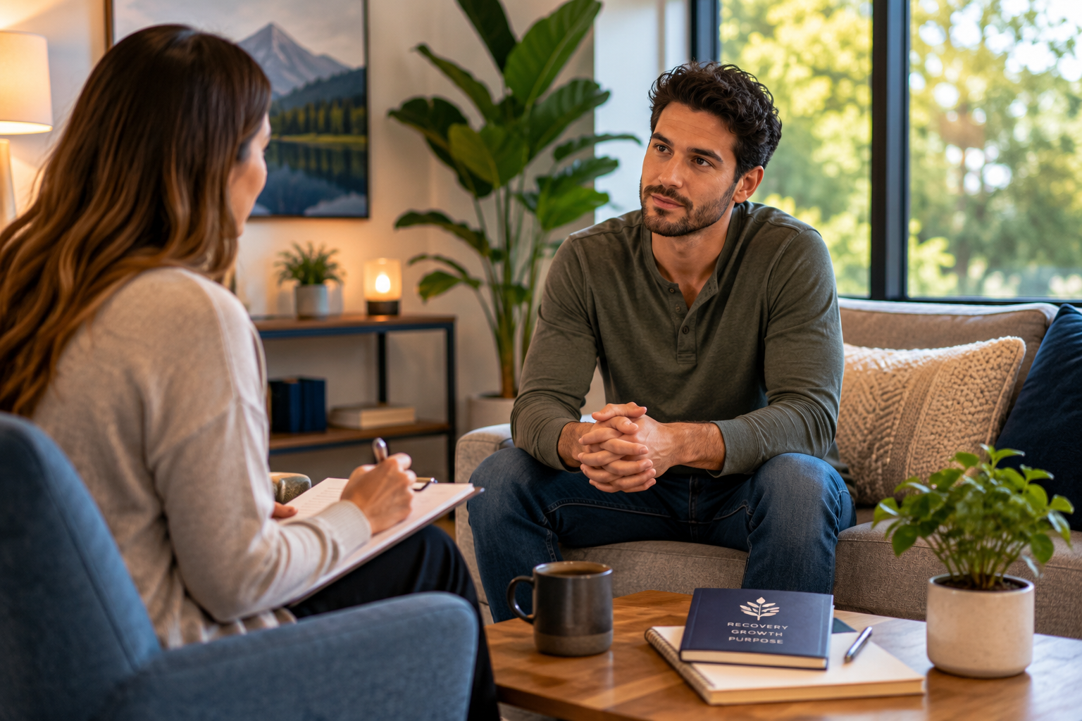 Individual participating in therapy session during fentanyl recovery, receiving emotional support and evidence-based fentanyl addiction treatment in a professional counseling environment.
