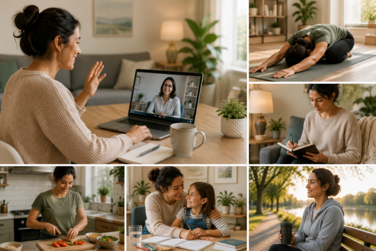 Woman participating in telehealth addiction treatment while balancing work, family, wellness, and recovery at home.