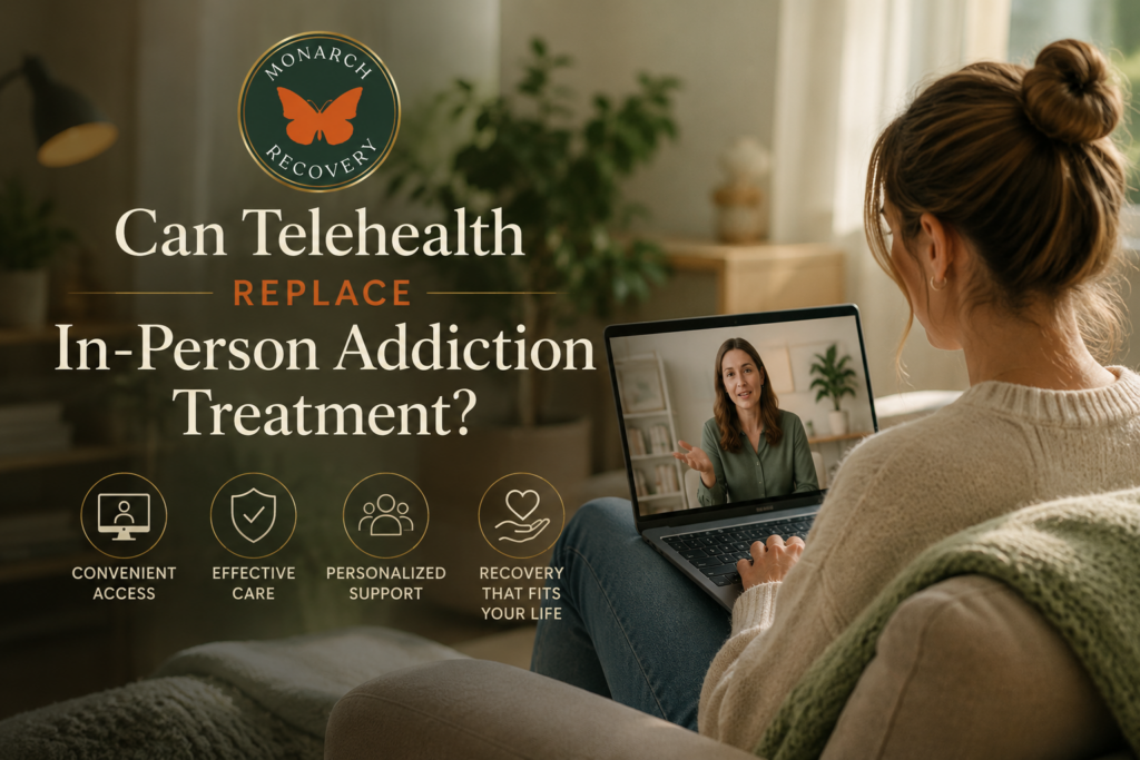 Patient sits in front of a laptop taking advantage of telehealth services for addiction treatment