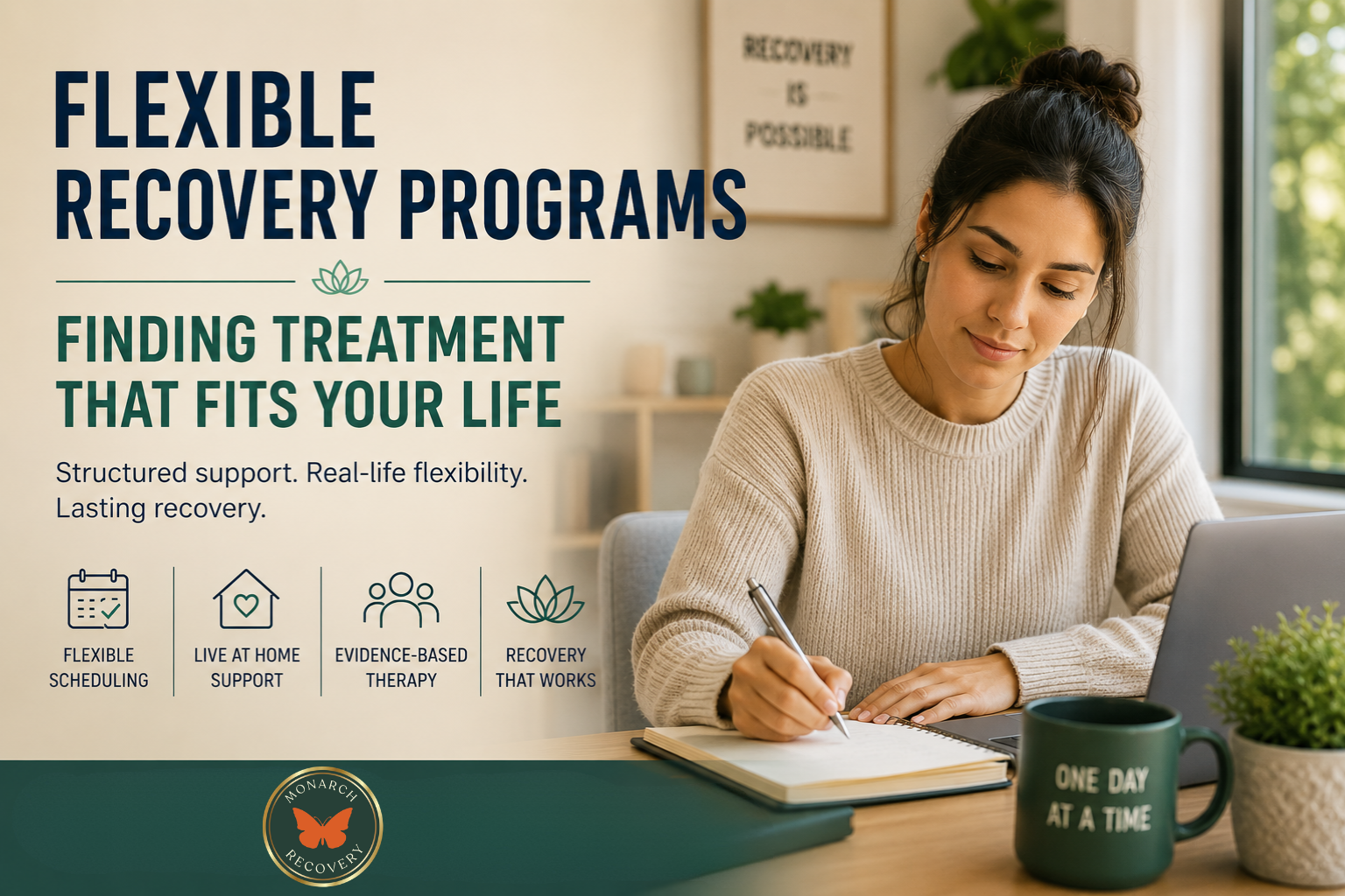 Person participating in a flexible outpatient addiction treatment program from home while balancing work, recovery and everyday responsibilities.