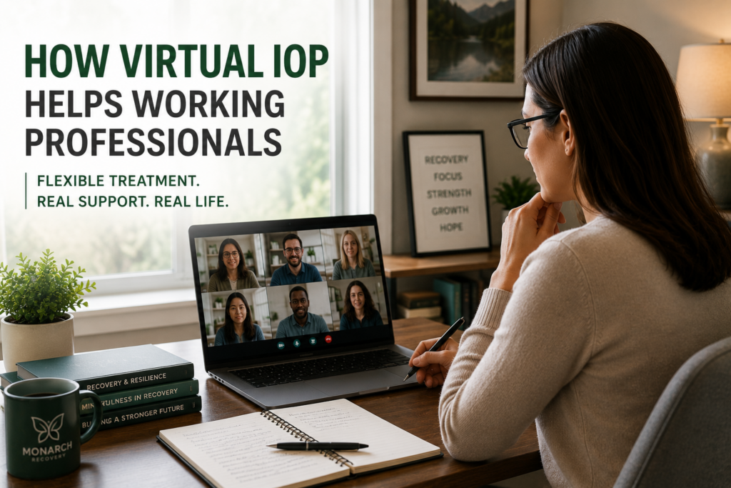 Working professional attending a virtual IOP telehealth addiction treatment session from home.