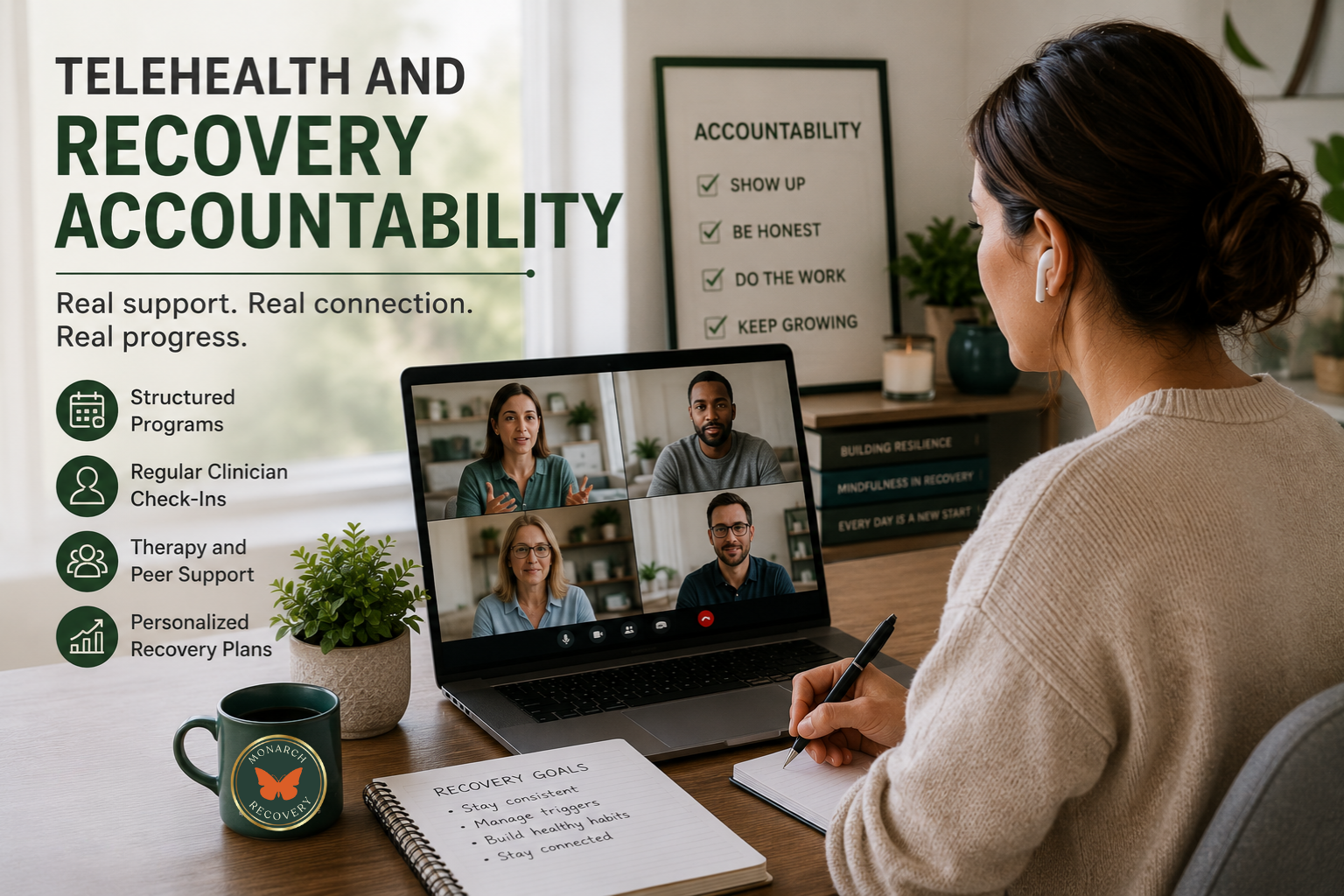 Professional participating in a telehealth addiction treatment session with a licensed therapist during a virtual recovery program.