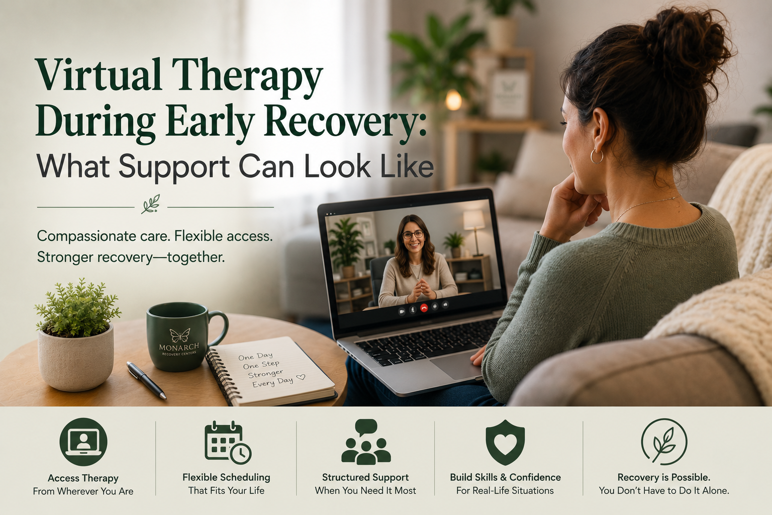 Parent receiving telehealth addiction treatment from home through a virtual therapy session.