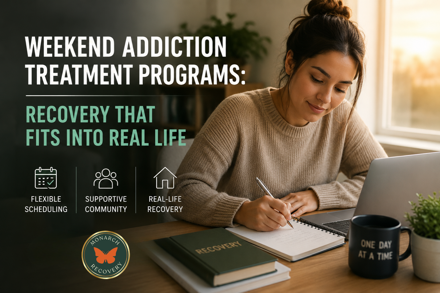Person participating in a weekend virtual addiction treatment session from home while balancing work and recovery responsibilities.