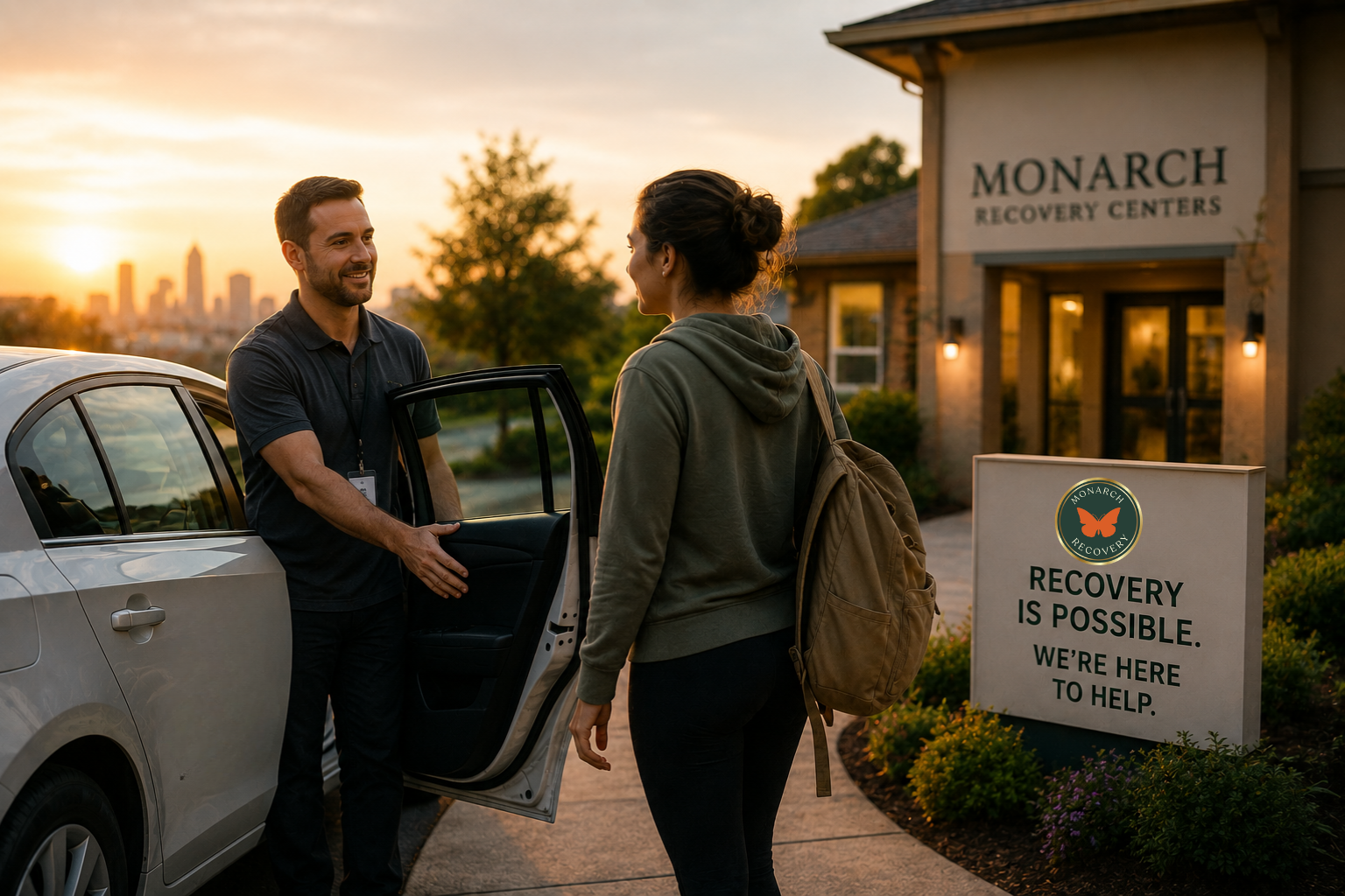 Monarch Recovery Centers staff member providing transportation assistance to a patient arriving for addiction treatment.