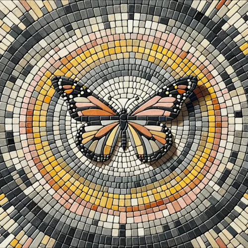 Tile Monarch center rings and rays pink gray yelllow